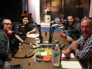Anthony Lupo (front left) and Brian Schram (back right) join Susan Reda (back left) and Bill Thorne (front right) in the podcast studio
